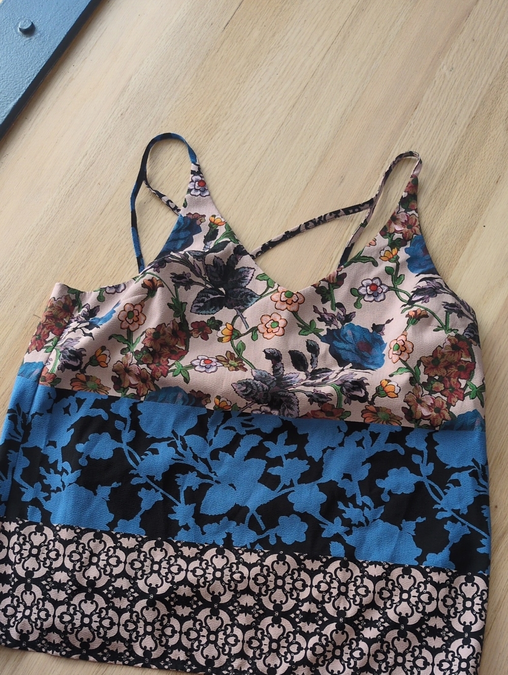 Topshop Floral Patchwork Spaghetti Strap Camisole in Blue & Pink